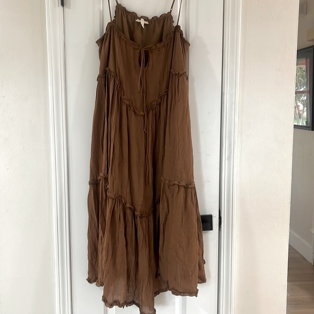 L Anthropologie Brown Linen Dress with Slip